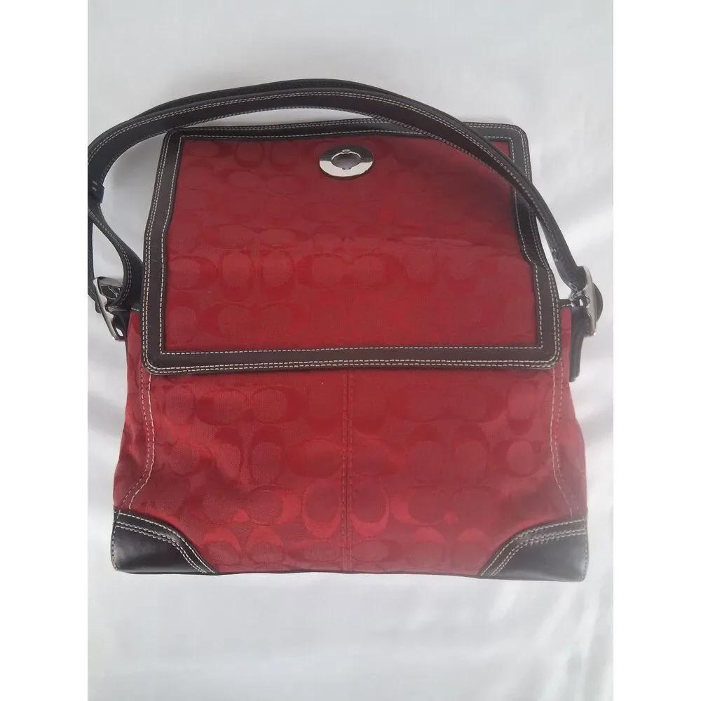 Coach Red Signature Jacquard Flap Crossbody Shoulder Bag Brown Leather F13947